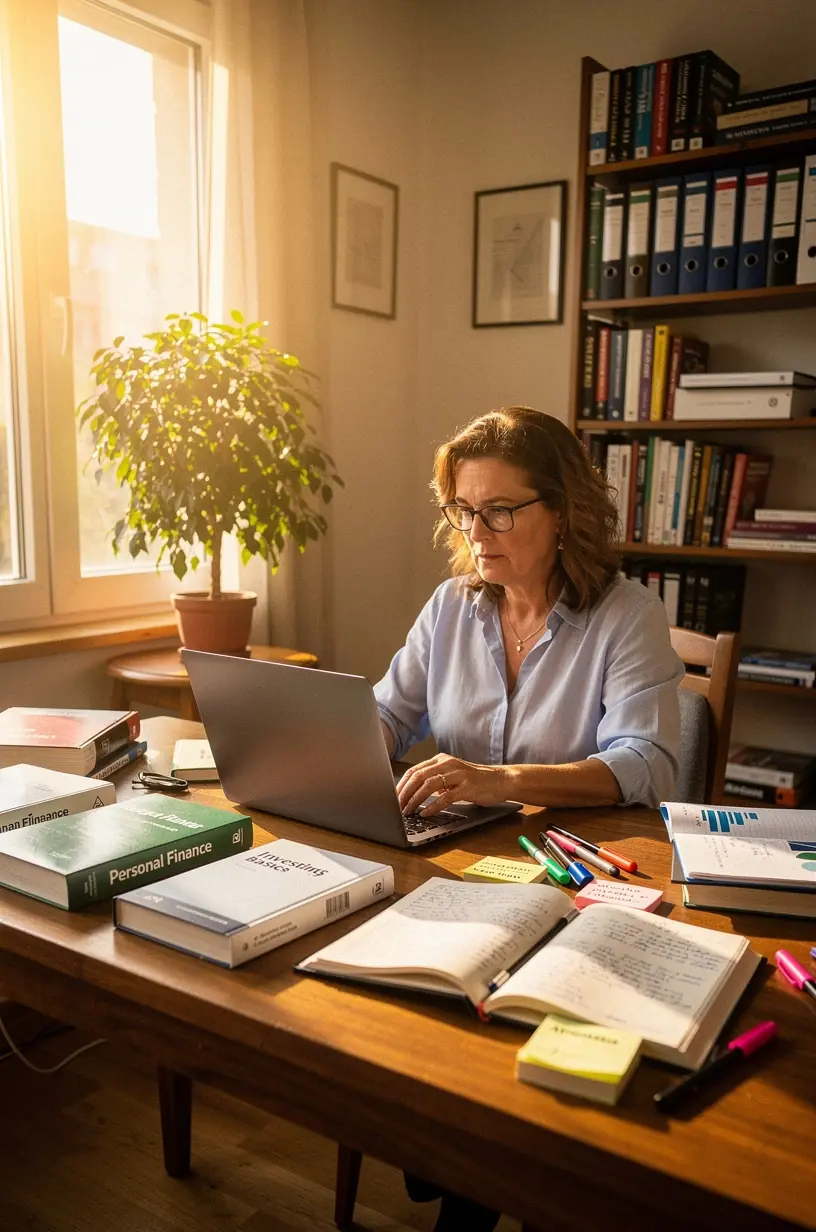 Könyvek és jegyzetek egy asztalon, amelyek a személyes pénzügyi oktatás alapjait mutatják be.