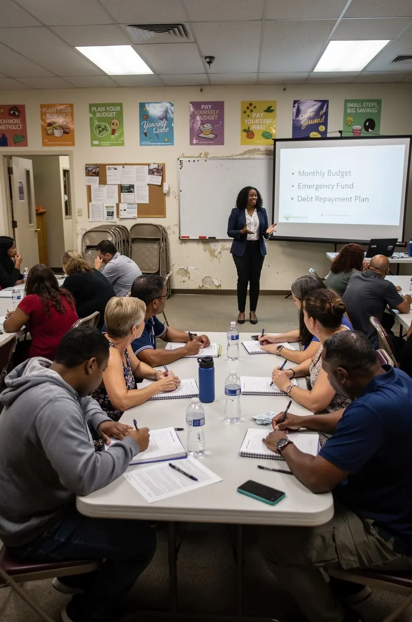 Közeli kép egy nyitott munkafüzetről, amely lépésről lépésre vezet a pénzügyi tervezéshez.